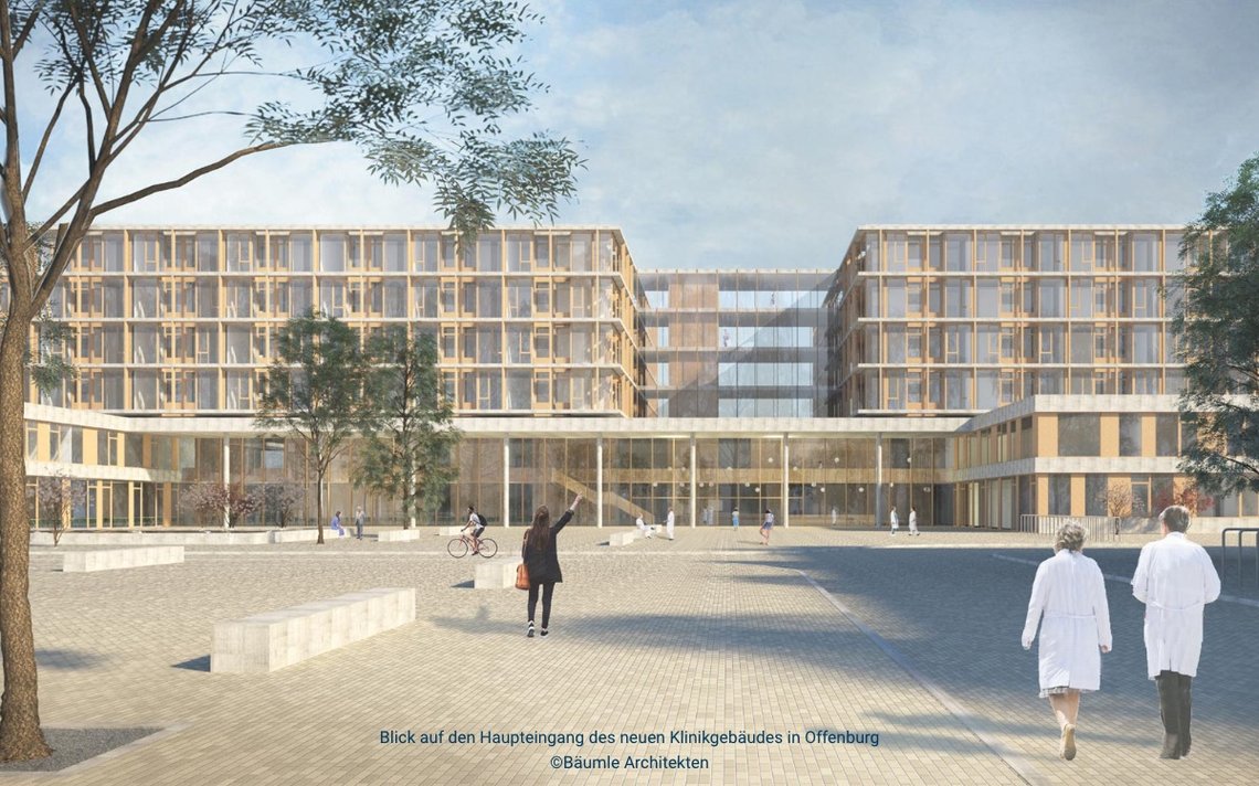 Abbildung: Blick auf den Haupteingang des neuen Klinikgebäudes in Offenburg ©Bäumle Architekten